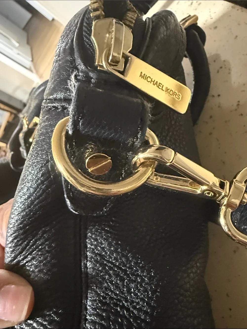 Michael Kors Black Pebbled Leather Shoulder Satchel with Gold Hardware